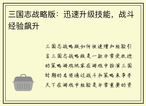 三国志战略版：迅速升级技能，战斗经验飙升